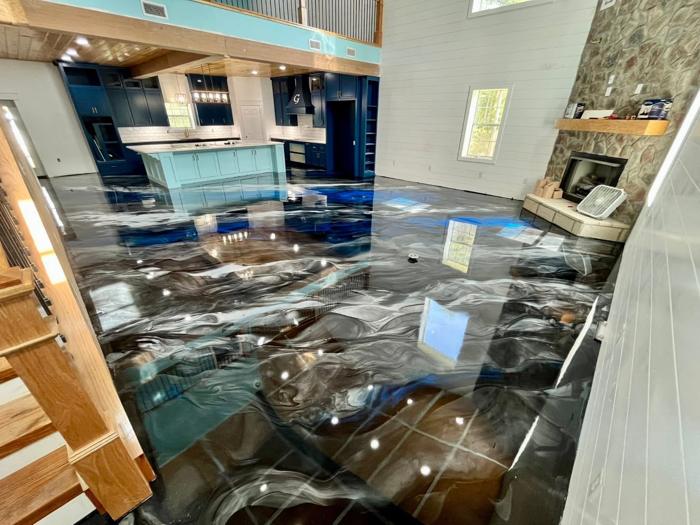 Blue metallic epoxy kitchen floor