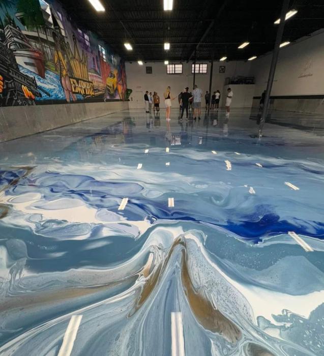 Blue and white epoxy showroom floor