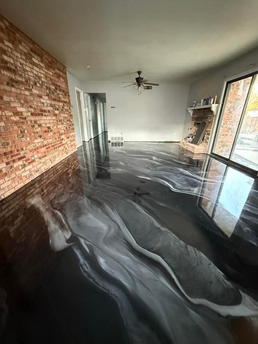 Gray metallic epoxy floor in a home